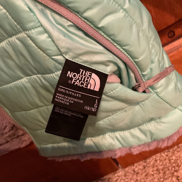 The North Face Reversible Puffer Sherpa Coat Mint green Gray SZ 14/16 large - Picture 3 of 5